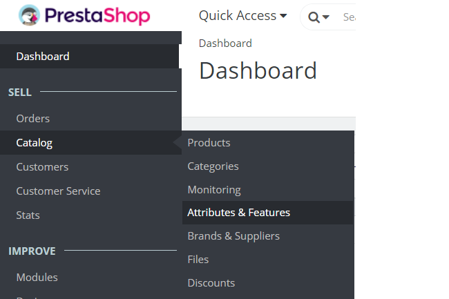 Reach PrestaShop product attributes section