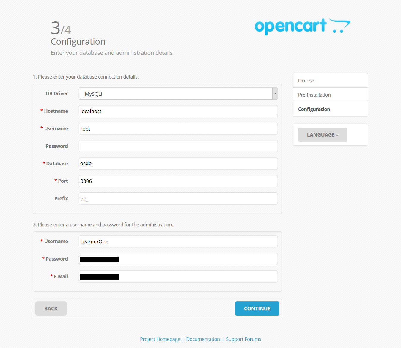 Adding configuration details for OpenCart