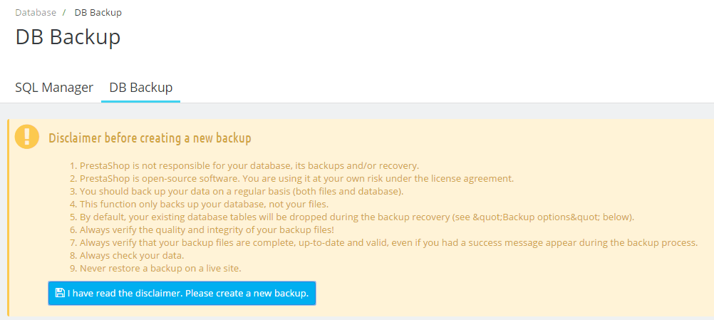 Backup PrestaShop Store Database