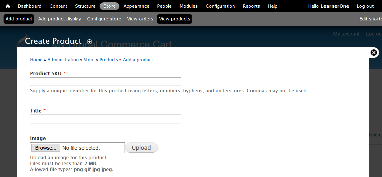 Drupal Commerce Kickstart Dashboard Add Product Menu