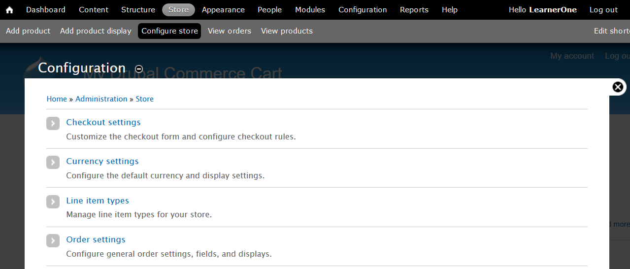 Drupal Commerce Kickstart Dashboard Configure Store Menu