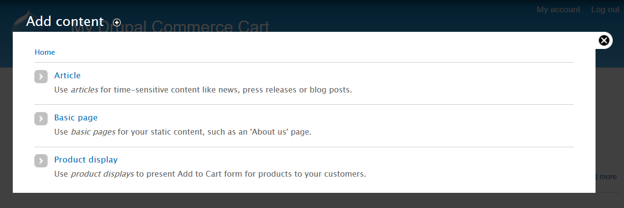 Drupal Commerce Kickstart Dashboard Content Menu