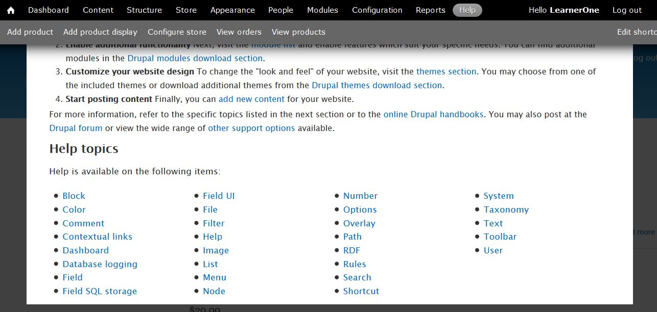 Drupal Commerce Kickstart Dashboard Help Menu