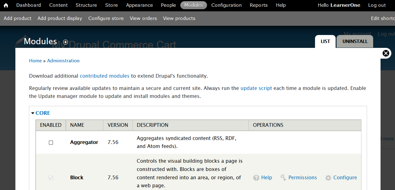 Drupal Commerce Kickstart Dashboard Modules Menu