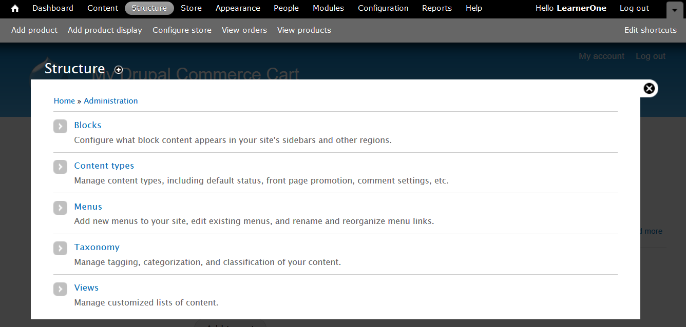 Drupal Commerce Kickstart Dashboard Structure Menu