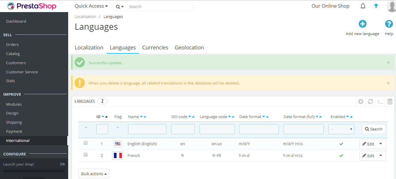New language French added to PrestaShop Store