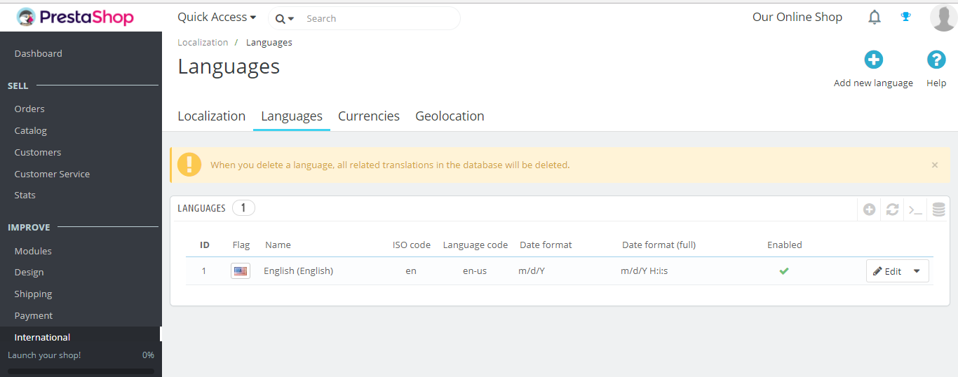 PrestaShop Store Languages section