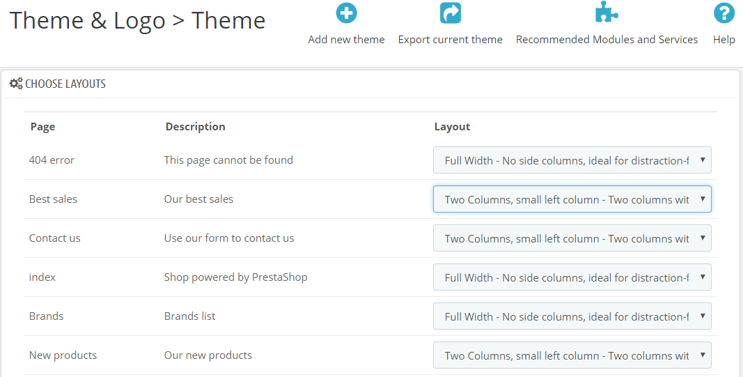 PrestaShop Theme Page Layouts Configuration