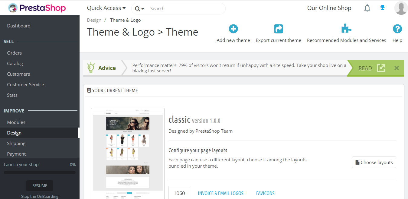 PrestaShop Themes & Logo section