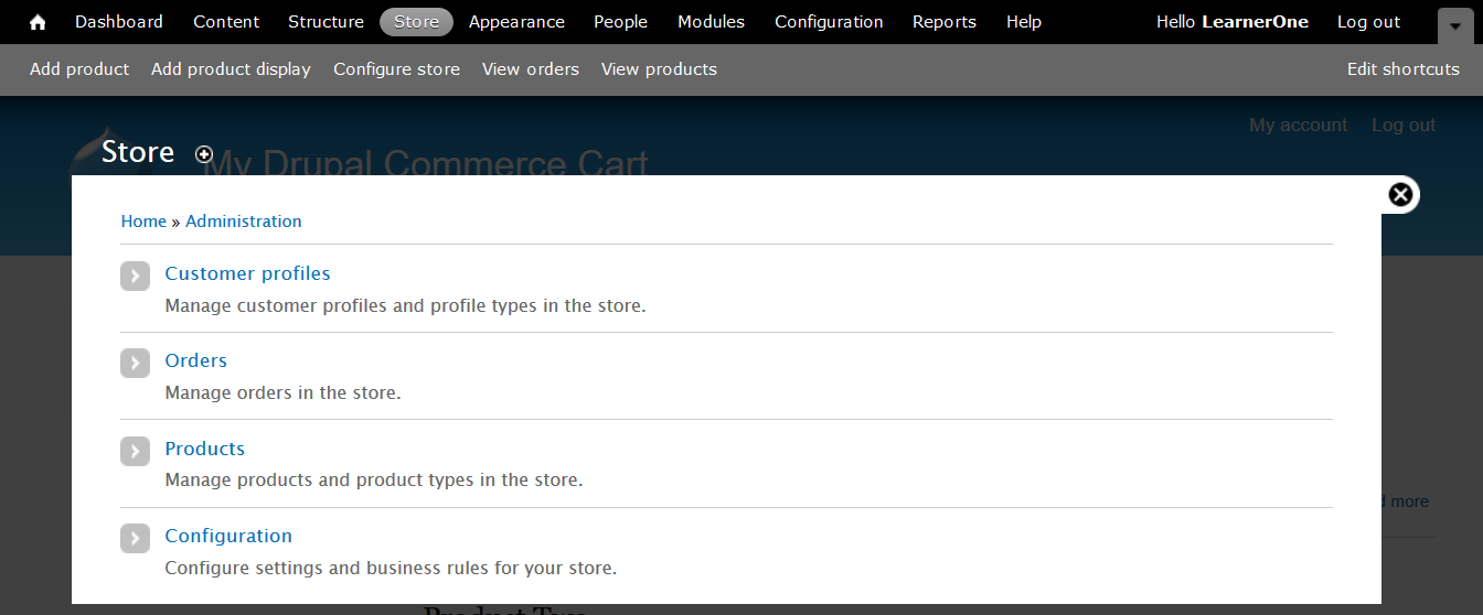 Reaching Drupal Commerce Dashboard Store Menu