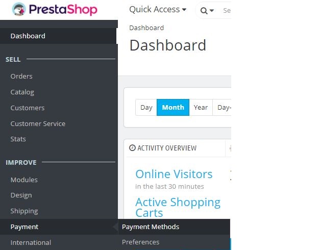 Reaching PrestaShop Payment Methods section