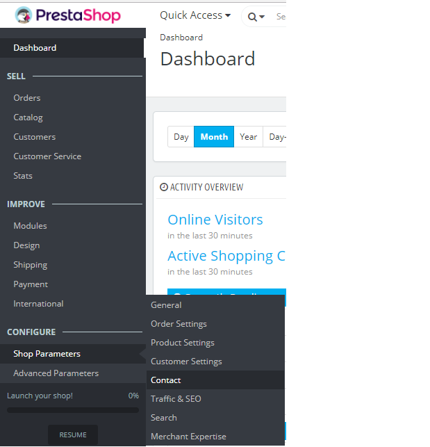 Reaching PrestaShop Store Contacts section