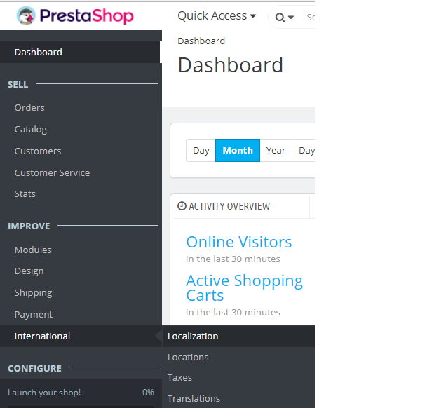 Reaching PrestaShop Store Localization section