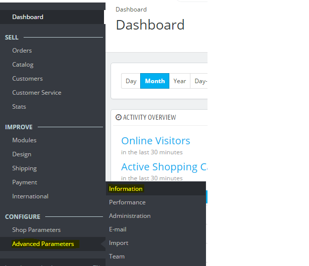 Reaching PrestaShop configuration information section