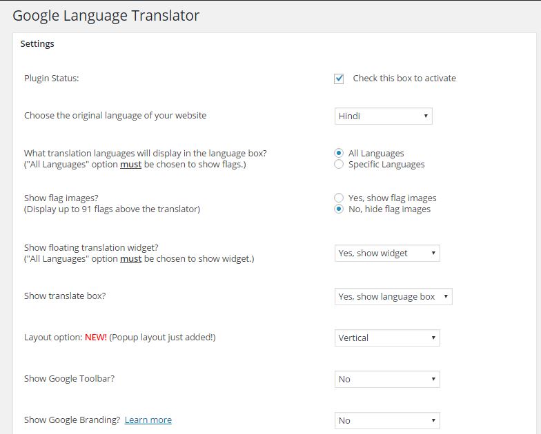 Google Translator Settings