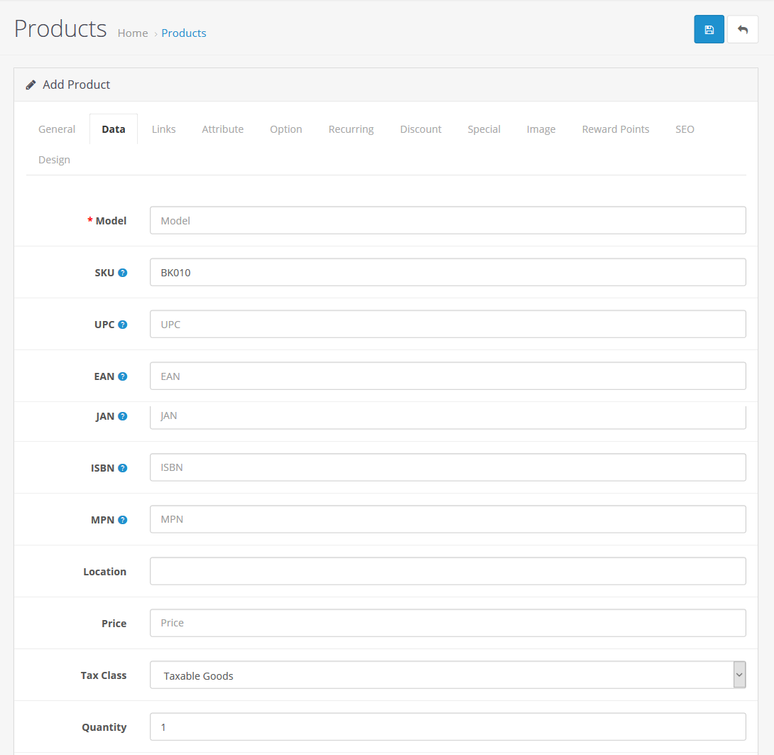 OpenCart Products Data Tab Information