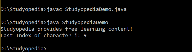 Java String lastindexof method character index