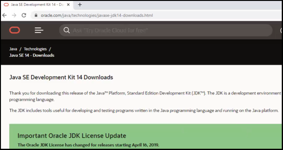Java-JDK 14 download begins