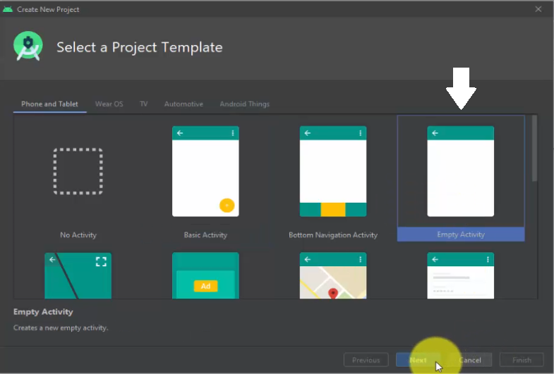 Select Android Studip project template