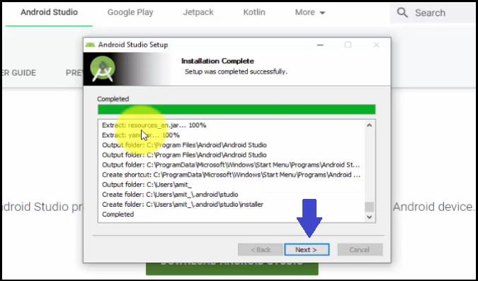 Android Studio installation completes