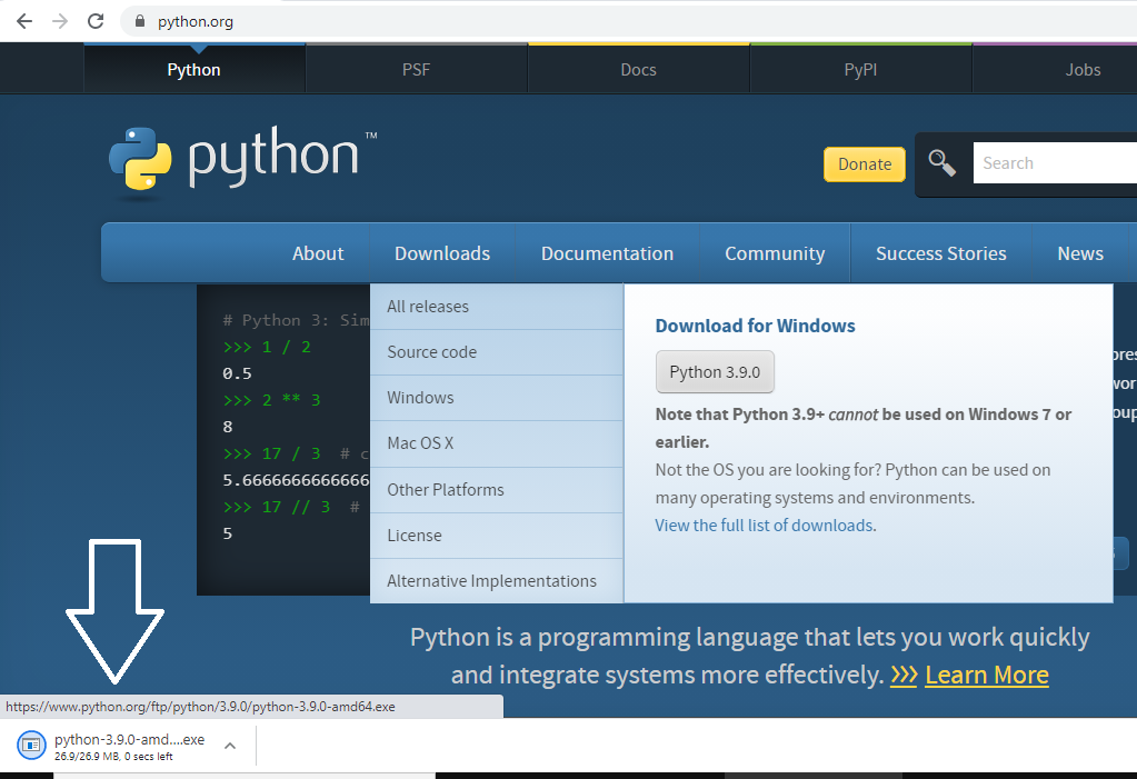 Python 3.9 downloading begins