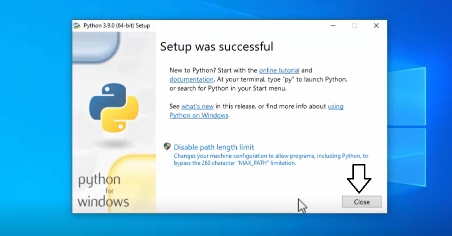 Python 3.9 setup completes