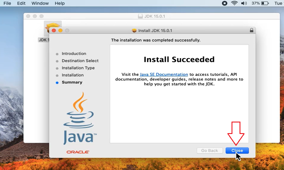 Java 15.0.1 installation completes on MAC