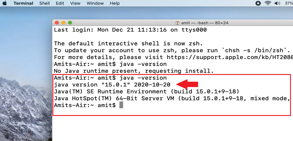 Java 15 installation on MAC successful