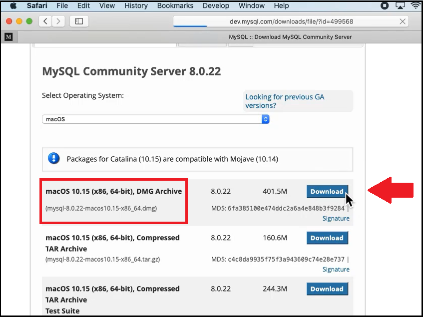 Download MySQL on macOS dmg file