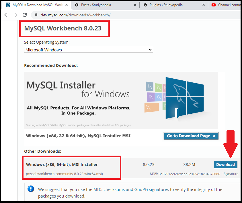 select msi installer for MySQL Workbench