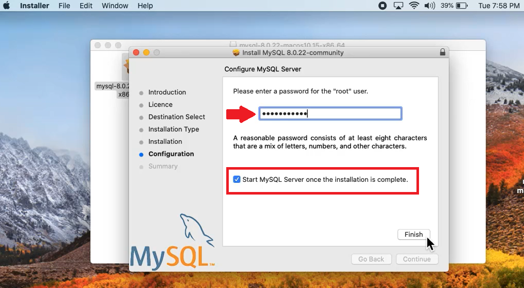 Root password for MySQL entered