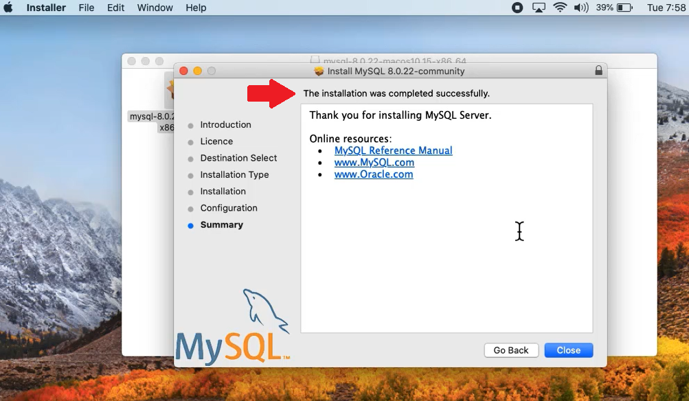 MySQL Installation completed