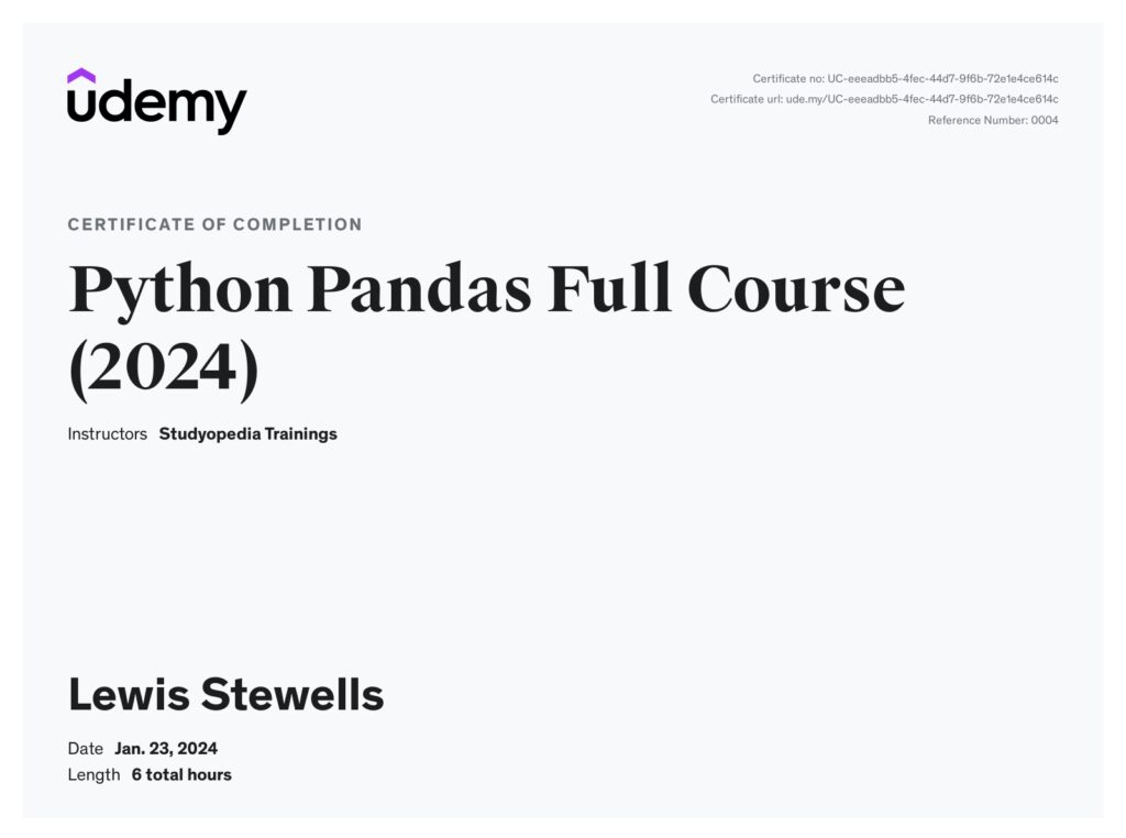 Python Pandas Certificate of Completion by Studyopedia