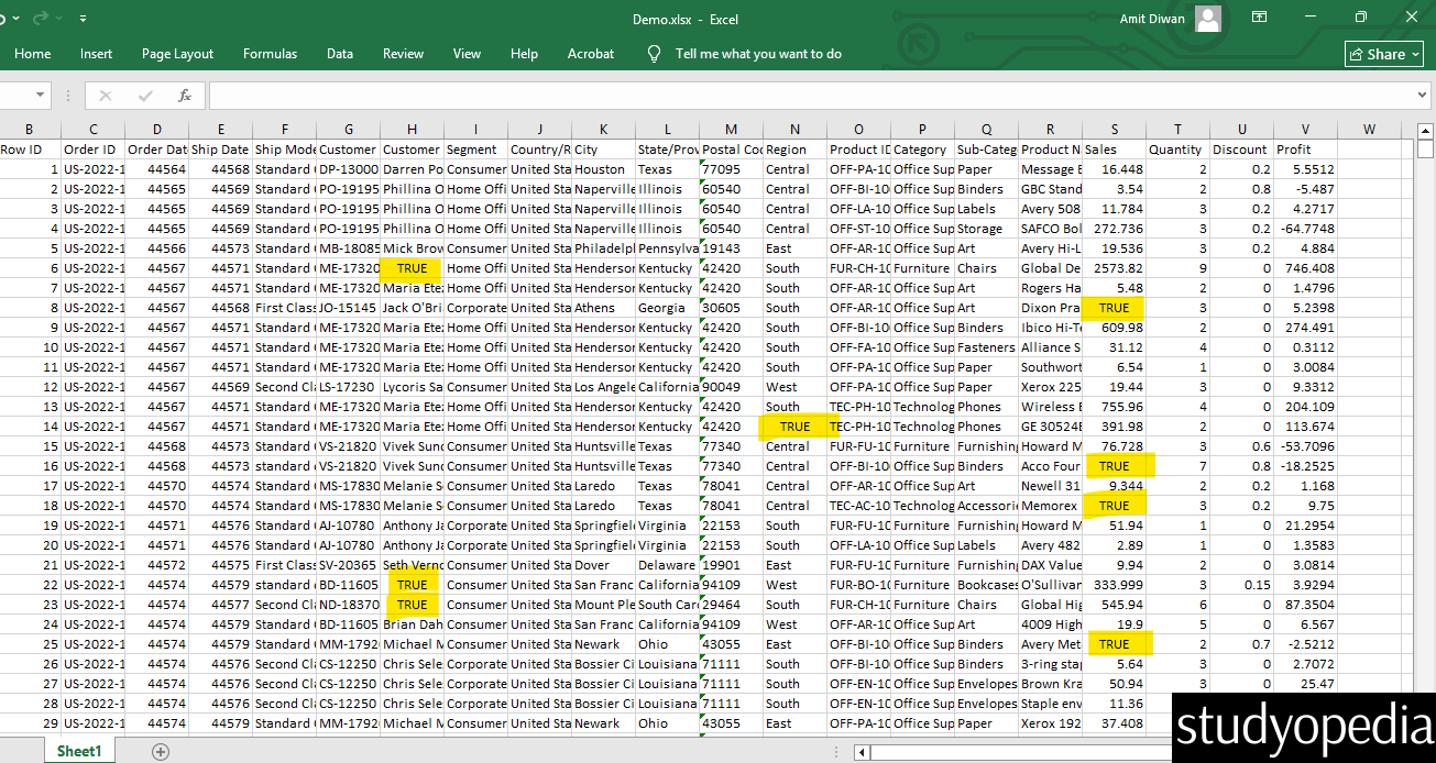 Replacing true for null values