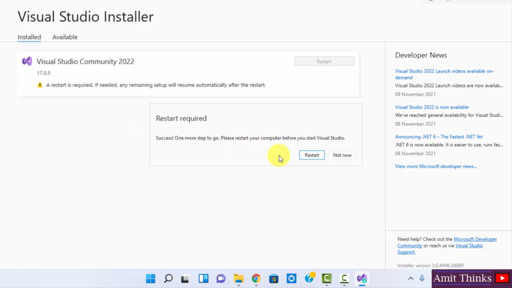 Restart to complete Visual Studio Installation