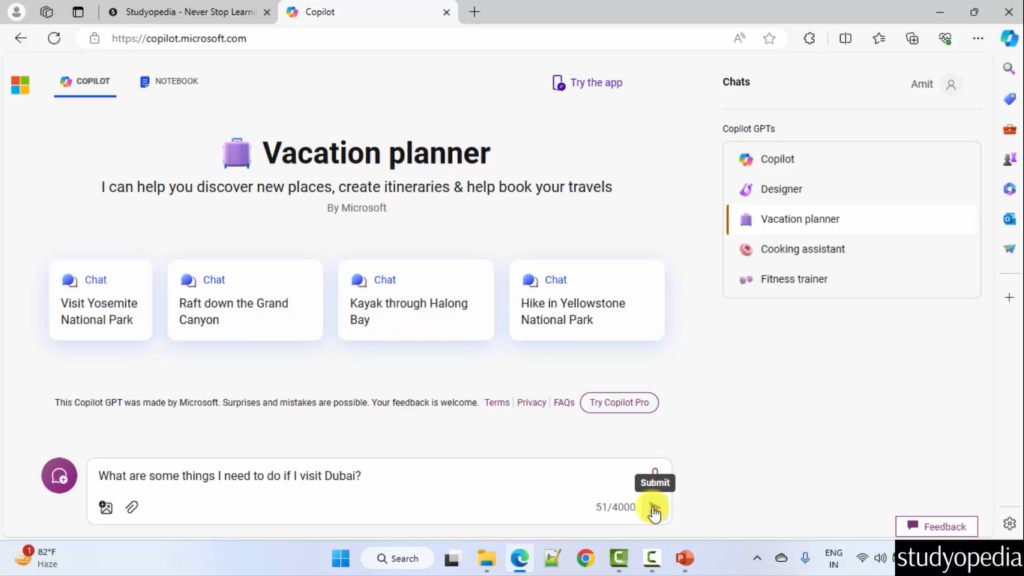 Prompt for Vacation Planner with Copilot