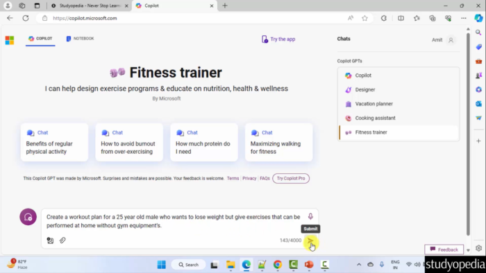 Copilot - Fitness Trainer - Studyopedia