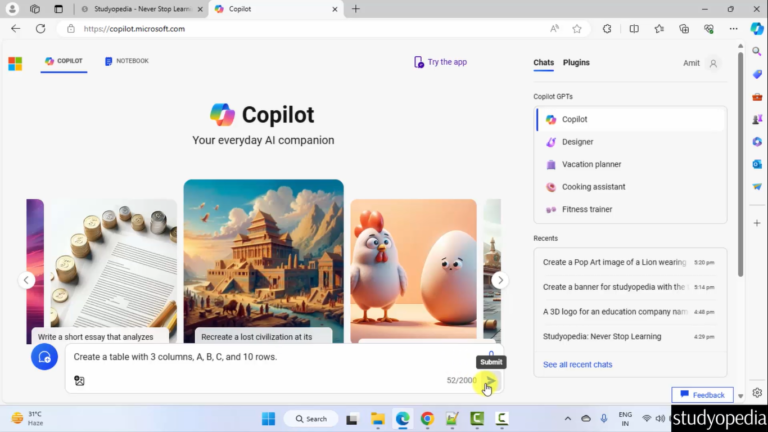 Copilot - Generate Tables - Studyopedia