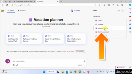 Copilot - Vacation Planner - Studyopedia