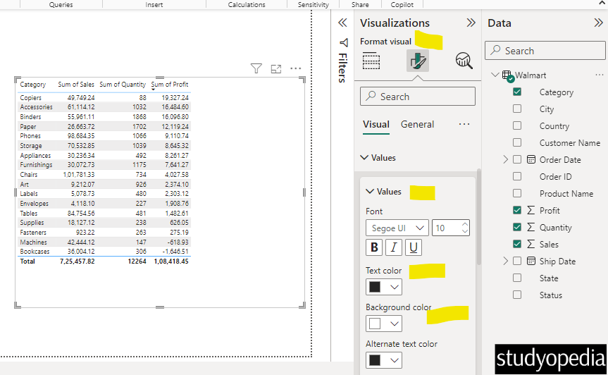 Change the font text color and background color of a table in Power BI