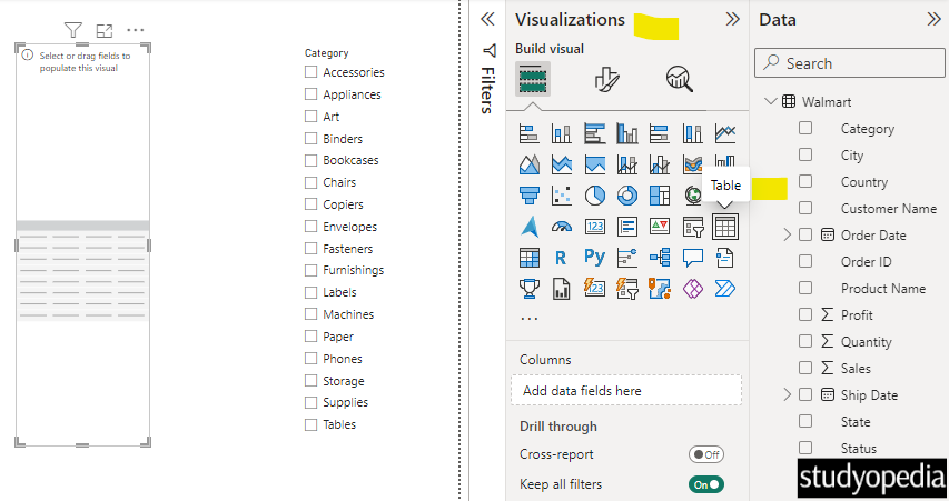 Create a Table on the canvas in Power BI