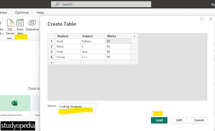 Create the first table for DAX in Power BI