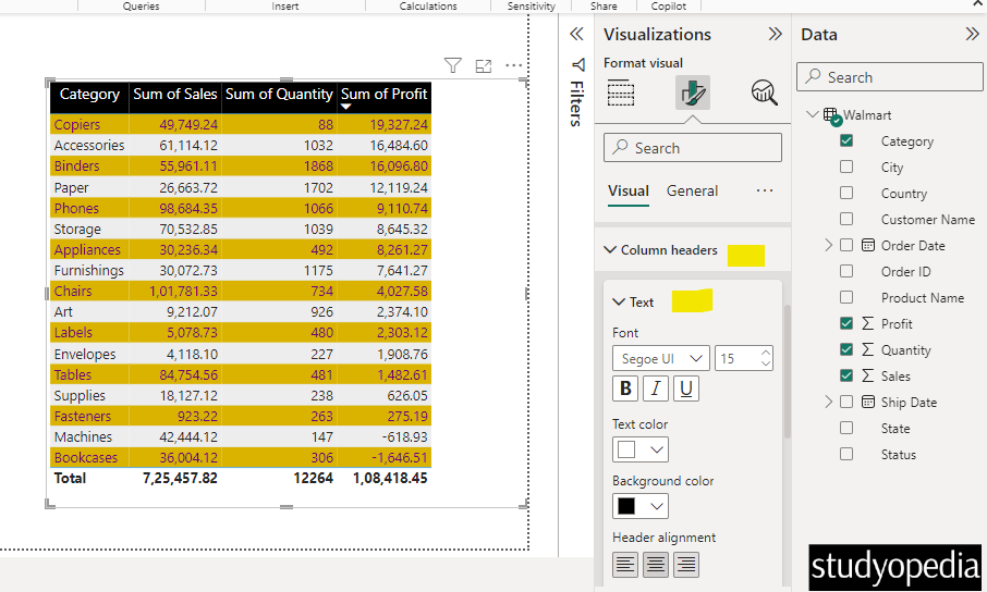 Format the column headers of a table in Power BI