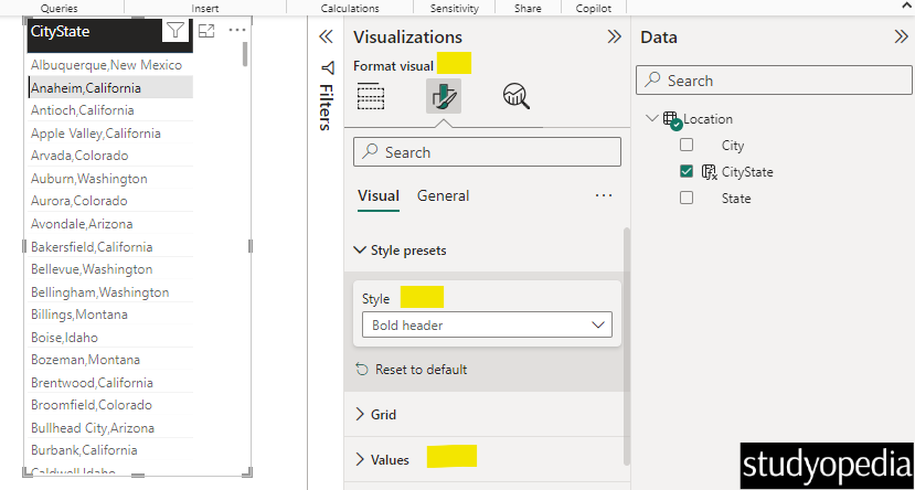 Format the newly created table with Power BI