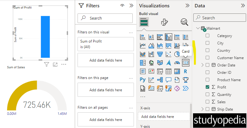 Go to Visualizations pane and click a Card in Power BI