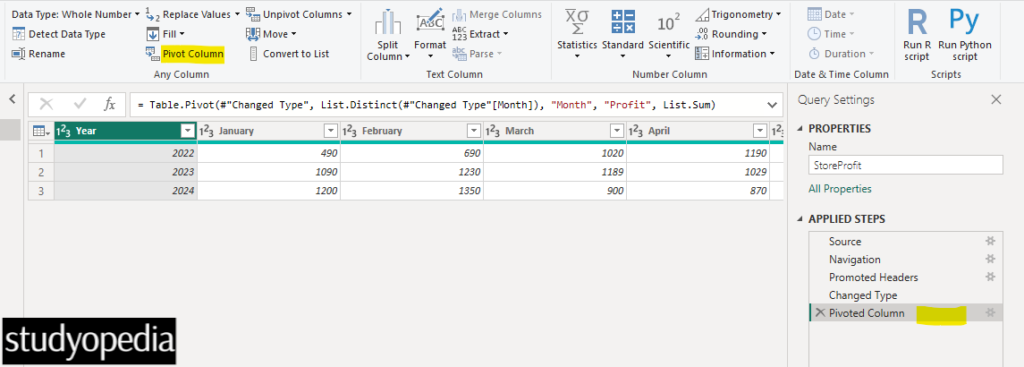 Pivot Column result visible in Power BI