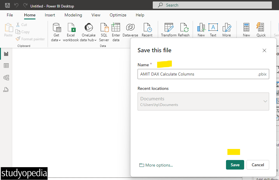 Save the Power BI DAX Calculated Columns file in Power BI