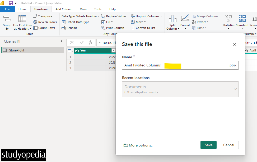 Save the pivoted column in Power BI