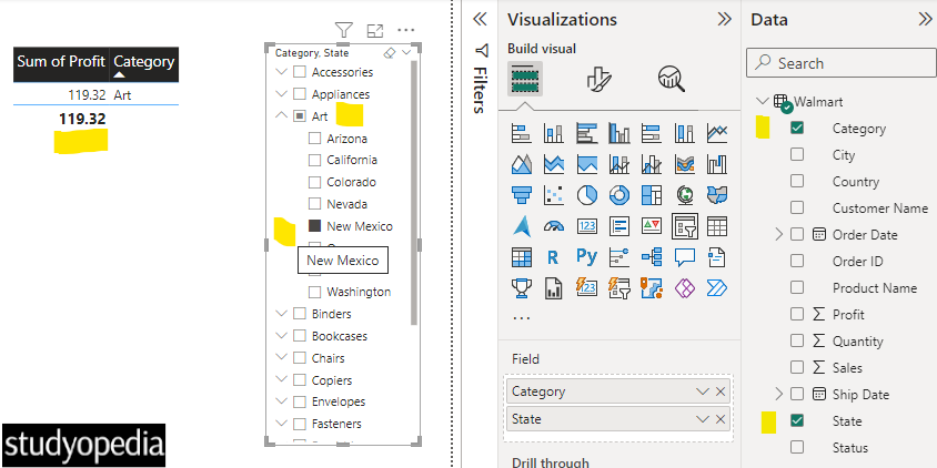 Select a specific category in the slicer with Power BI