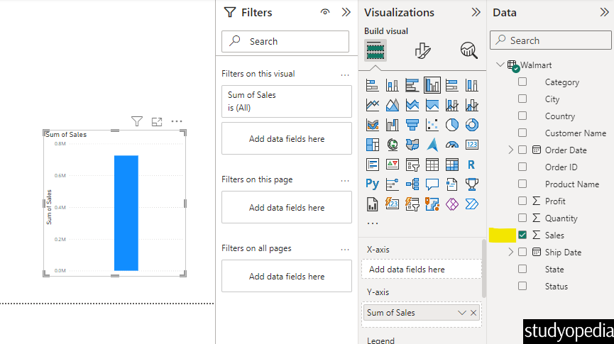 Select the Data in Power BI to create a visualization